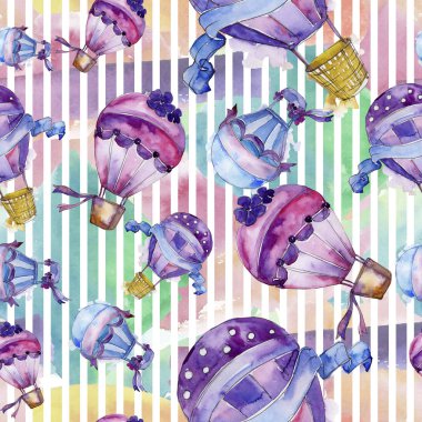 Mor ve mavi sıcak hava balon arka plan fly hava taşıma illüstrasyon. Sorunsuz arka plan deseni. Kumaş duvar kağıdı yazdırma doku. Aquarelle balon arka plan, doku, wrappern için.