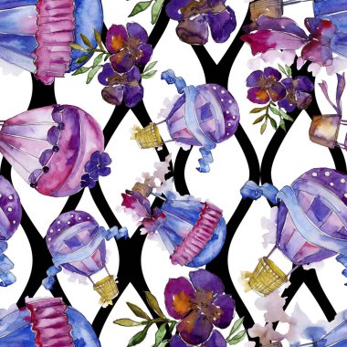 Mor ve mavi sıcak hava balon arka plan fly hava taşıma illüstrasyon. Sorunsuz arka plan deseni. Kumaş duvar kağıdı yazdırma doku. Aquarelle balon arka plan, doku, wrappern için.