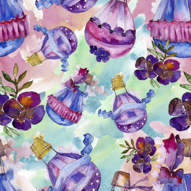 Mor ve mavi sıcak hava balon arka plan fly hava taşıma illüstrasyon. Sorunsuz arka plan deseni. Kumaş duvar kağıdı yazdırma doku. Aquarelle balon arka plan, doku, wrappern için.