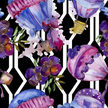 Mor ve mavi sıcak hava balon arka plan fly hava taşıma illüstrasyon. Sorunsuz arka plan deseni. Kumaş duvar kağıdı yazdırma doku. Aquarelle balon arka plan, doku, wrappern için.