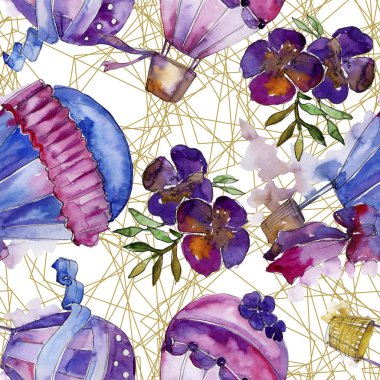 Mor ve mavi sıcak hava balon arka plan fly hava taşıma illüstrasyon. Sorunsuz arka plan deseni. Kumaş duvar kağıdı yazdırma doku. Aquarelle balon arka plan, doku, wrappern için.