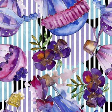 Mor ve mavi sıcak hava balon arka plan fly hava taşıma illüstrasyon. Sorunsuz arka plan deseni. Kumaş duvar kağıdı yazdırma doku. Aquarelle balon arka plan, doku, wrappern için.