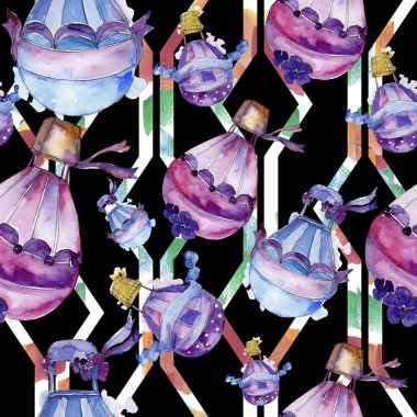 Mor ve mavi sıcak hava balon arka plan fly hava taşıma illüstrasyon. Sorunsuz arka plan deseni. Kumaş duvar kağıdı yazdırma doku. Aquarelle balon arka plan, doku, wrappern için.