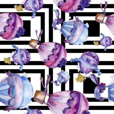 Mor ve mavi sıcak hava balon arka plan fly hava taşıma illüstrasyon. Sorunsuz arka plan deseni. Kumaş duvar kağıdı yazdırma doku. Aquarelle balon arka plan, doku, wrappern için.