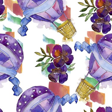 Mor ve mavi sıcak hava balon arka plan fly hava taşıma illüstrasyon. Sorunsuz arka plan deseni. Kumaş duvar kağıdı yazdırma doku. Aquarelle balon arka plan, doku, wrappern için.