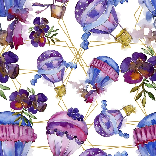 Mor ve mavi sıcak hava balon arka plan fly hava taşıma illüstrasyon. Sorunsuz arka plan deseni. Kumaş duvar kağıdı yazdırma doku. Aquarelle balon arka plan, doku, wrappern için.