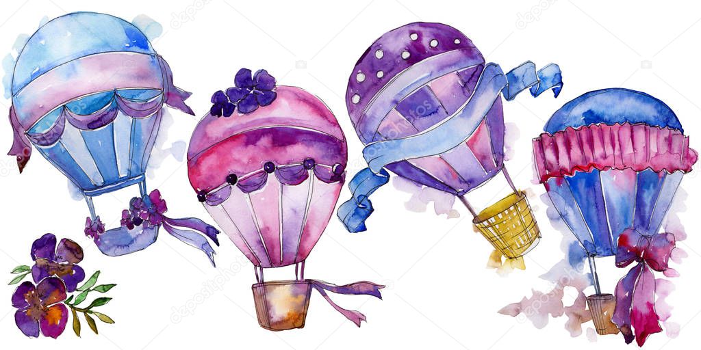 Purple and blue hot air balloon background fly air transport illustration. Isolated illustration element. Aquarelle balloon for background, texture, wrapper pattern, frame or border.