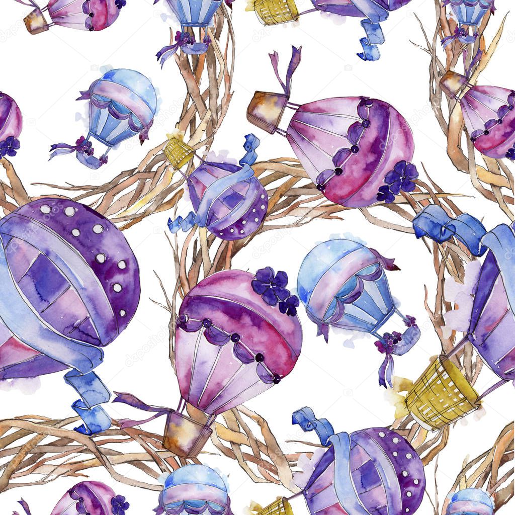 Purple and blue hot air balloon background fly air transport illustration. Seamless background pattern. Fabric wallpaper print texture.Aquarelle balloon for background, texture, wrappern.