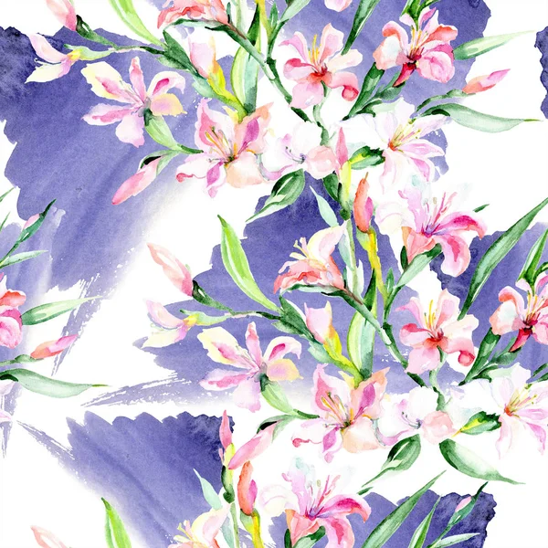 水彩のカラフルな花束アルストロメリアの花 花植物の花 シームレスな背景パターン 壁紙印刷手触りの生地 テクスチャ ラッパー パターン Aquarelle ワイルドフラワー — ストック写真
