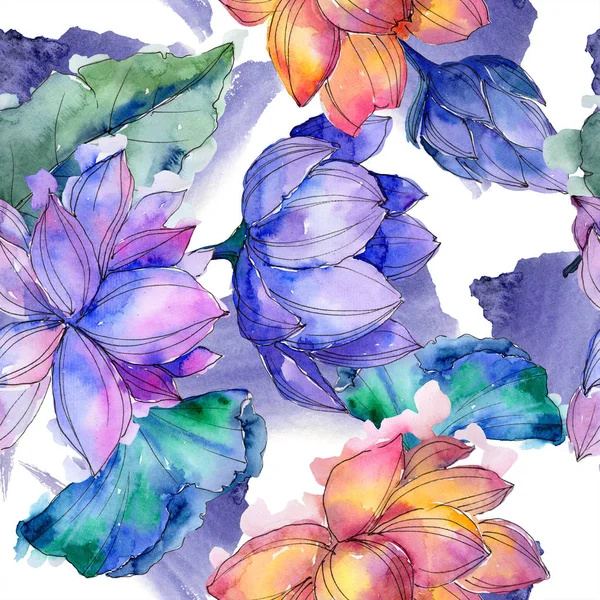 Акварель Красочный Цветок Лотоса Цветочный Ботанический Цветок Бесшовный Рисунок Фона — стоковое фото