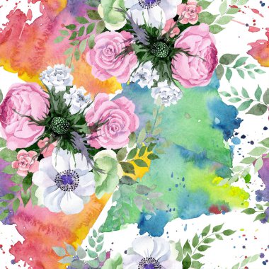 Sulu boya renkli buket çiçek. Botanik çiçek. Sorunsuz arka plan deseni. Kumaş duvar kağıdı yazdırma doku. Arka plan, doku, sarıcı desen, kenarlık için Aquarelle kır çiçeği.