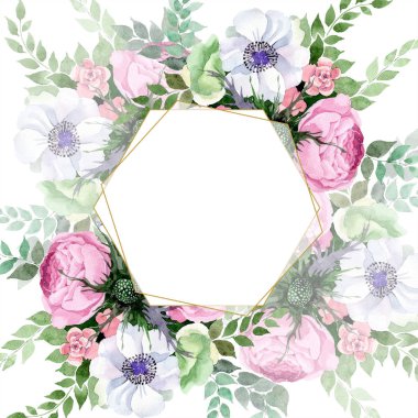 Sulu boya renkli buket çiçek. Botanik çiçek. Çerçeve kenarlığı süsleme Meydanı. Arka plan, doku, sarıcı desen, çerçeve veya kenarlık için Aquarelle kır çiçeği.