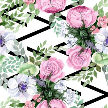 Sulu boya renkli buket çiçek. Botanik çiçek. Sorunsuz arka plan deseni. Kumaş duvar kağıdı yazdırma doku. Arka plan, doku, sarıcı desen, kenarlık için Aquarelle kır çiçeği.