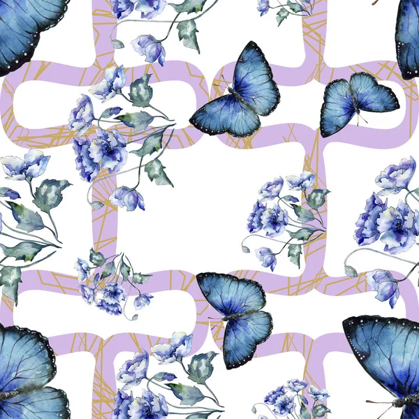 青いケシの花の水彩画の花束 花植物の花 シームレスな背景パターン 壁紙印刷手触りの生地 テクスチャ ラッパー パターン ボーダー Aquarelle ワイルドフラワー — ストック写真