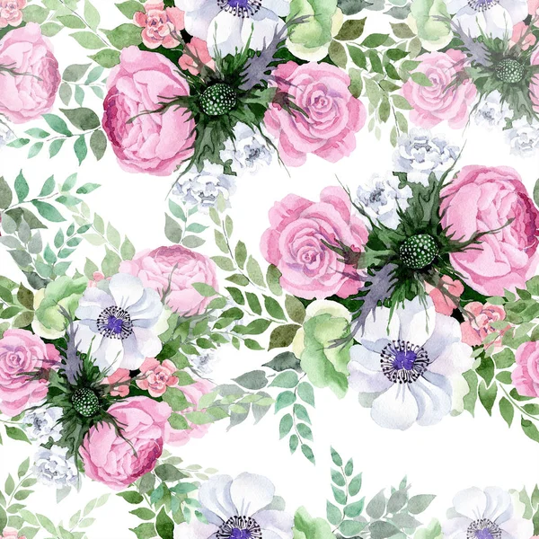 Watercolor Colorful Bouquet Flowers Floral Botanical Flower Seamless Background Pattern — Stock Photo, Image