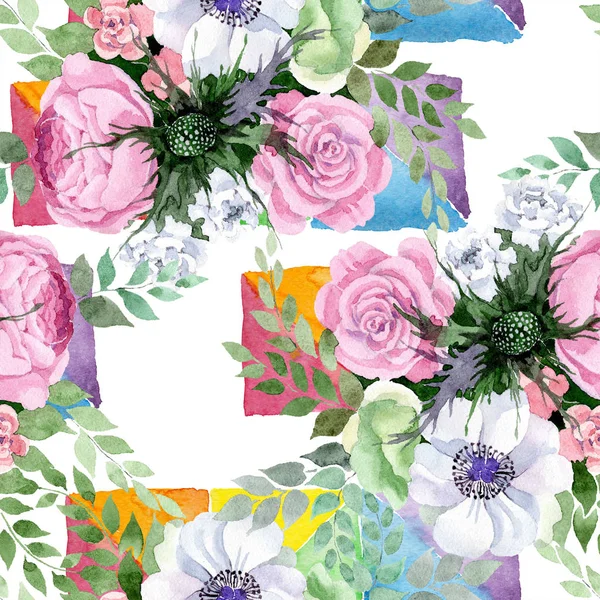 Ακουαρέλα Πολύχρωμο Μπουκέτο Λουλούδια Floral Βοτανικό Λουλούδι Απρόσκοπτη Υπόβαθρο Μοτίβο — Φωτογραφία Αρχείου