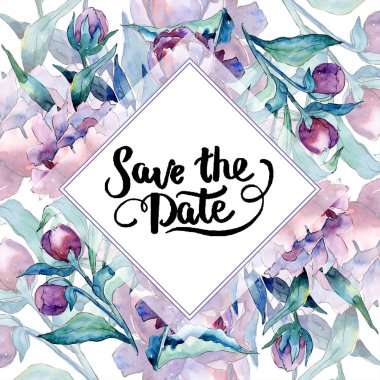 Kır çiçeği mor Şakayık Çiçeği suluboya tarzında. Botanik çiçek. Çerçeve kenarlığı süsleme Meydanı. Arka plan, doku, sarıcı desen, çerçeve veya kenarlık için Aquarelle kır çiçeği.