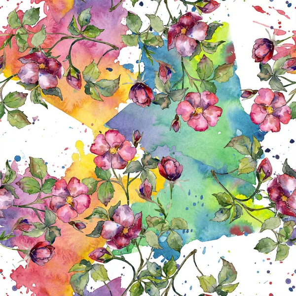 野生のバラの花の水彩画マゼンタ花束 花植物の花 シームレスな背景パターン 壁紙印刷手触りの生地 テクスチャ ラッパー パターン Aquarelle ワイルドフラワー — ストック写真