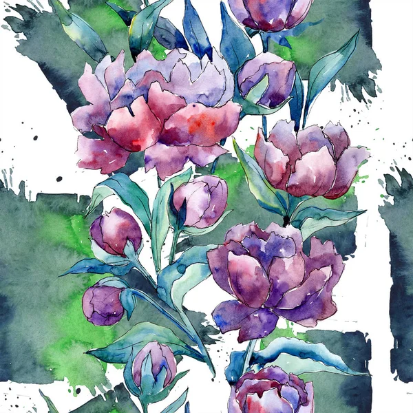 Wildflower purple peony flower in a watercolor style. Floral botanical flower. Seamless background pattern. Fabric wallpaper print texture. Aquarelle wildflower for background, texture, pattern.