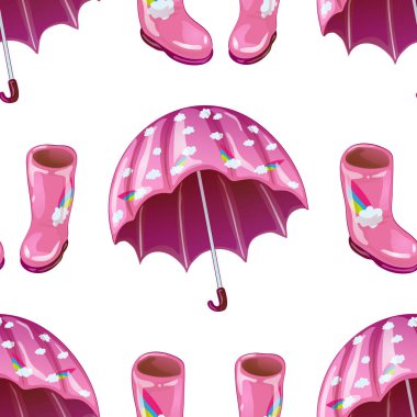 Pembe lastik çizme ve şemsiye izole bir vektör tarzı. Sorunsuz arka plan deseni. Kumaş duvar kağıdı yazdırma doku. Vektör arka plan, doku, sarıcı desen, çerçeve veya kenarlık için.