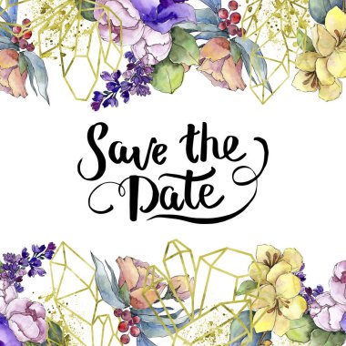 Sulu boya renkli buket tropikal çiçek. Botanik çiçek. Çerçeve kenarlığı süsleme Meydanı. Arka plan, doku, sarıcı desen, çerçeve veya kenarlık için Aquarelle kır çiçeği.