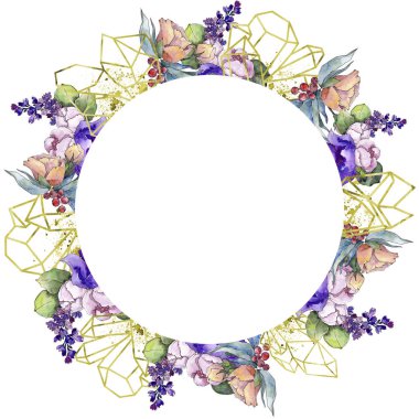 Sulu boya renkli buket tropikal çiçek. Botanik çiçek. Çerçeve kenarlığı süsleme Meydanı. Arka plan, doku, sarıcı desen, çerçeve veya kenarlık için Aquarelle kır çiçeği.