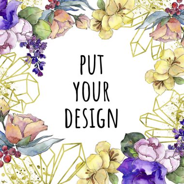 Sulu boya renkli buket tropikal çiçek. Botanik çiçek. Çerçeve kenarlığı süsleme Meydanı. Arka plan, doku, sarıcı desen, çerçeve veya kenarlık için Aquarelle kır çiçeği.