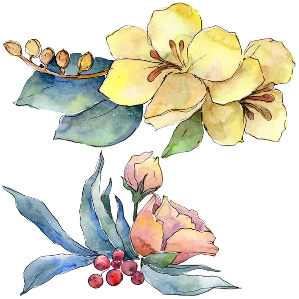 Sulu Boya Renkli Buket Tropikal Çiçek Botanik Çiçek Zole Illüstrasyon — Stok fotoğraf