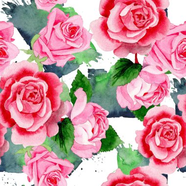 Suluboya pembe gül çiçek. Botanik çiçek. Sorunsuz arka plan deseni. Kumaş duvar kağıdı yazdırma doku. Arka plan, doku, sarıcı desen, çerçeve veya kenarlık için Aquarelle kır çiçeği.