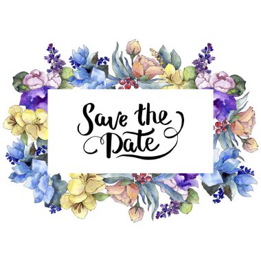 Sulu boya renkli buket tropikal çiçek. Botanik çiçek. Çerçeve kenarlığı süsleme Meydanı. Arka plan, doku, sarıcı desen, çerçeve veya kenarlık için Aquarelle kır çiçeği.