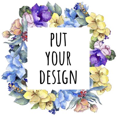 Sulu boya renkli buket tropikal çiçek. Botanik çiçek. Çerçeve kenarlığı süsleme Meydanı. Arka plan, doku, sarıcı desen, çerçeve veya kenarlık için Aquarelle kır çiçeği.