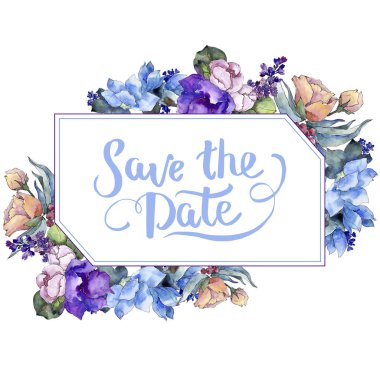 Sulu boya renkli buket tropikal çiçek. Botanik çiçek. Çerçeve kenarlığı süsleme Meydanı. Arka plan, doku, sarıcı desen, çerçeve veya kenarlık için Aquarelle kır çiçeği.