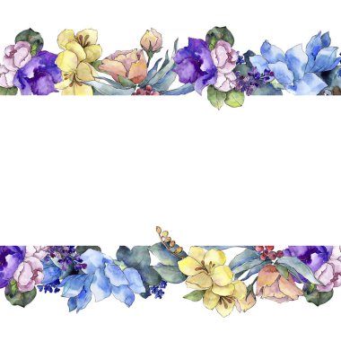 Sulu boya renkli buket tropikal çiçek. Botanik çiçek. Çerçeve kenarlığı süsleme Meydanı. Arka plan, doku, sarıcı desen, çerçeve veya kenarlık için Aquarelle kır çiçeği.