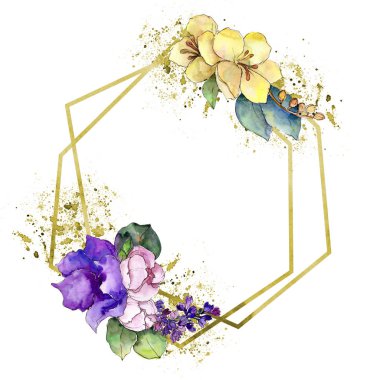 Sulu boya renkli buket tropikal çiçek. Botanik çiçek. İzole illüstrasyon öğesi. Arka plan, doku, sarıcı desen, çerçeve veya kenarlık için Aquarelle kır çiçeği.