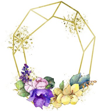 Sulu boya renkli buket tropikal çiçek. Botanik çiçek. İzole illüstrasyon öğesi. Arka plan, doku, sarıcı desen, çerçeve veya kenarlık için Aquarelle kır çiçeği.
