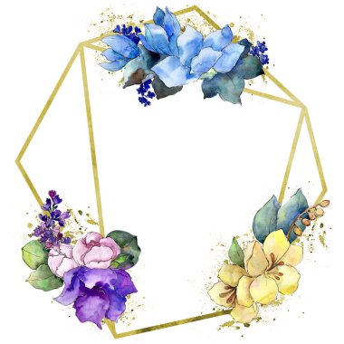 Sulu boya renkli buket tropikal çiçek. Botanik çiçek. İzole illüstrasyon öğesi. Arka plan, doku, sarıcı desen, çerçeve veya kenarlık için Aquarelle kır çiçeği.