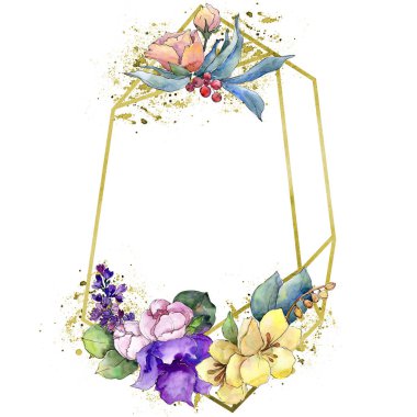 Sulu boya renkli buket tropikal çiçek. Botanik çiçek. İzole illüstrasyon öğesi. Arka plan, doku, sarıcı desen, çerçeve veya kenarlık için Aquarelle kır çiçeği.