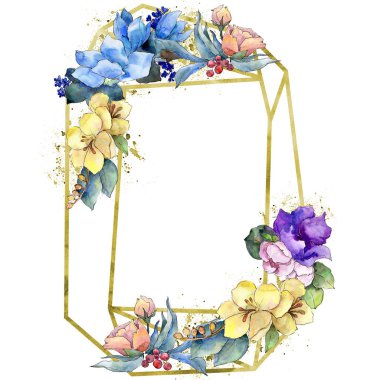 Sulu boya renkli buket tropikal çiçek. Botanik çiçek. İzole illüstrasyon öğesi. Arka plan, doku, sarıcı desen, çerçeve veya kenarlık için Aquarelle kır çiçeği.