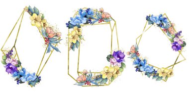 Sulu boya renkli buket tropikal çiçek. Botanik çiçek. İzole illüstrasyon öğesi. Arka plan, doku, sarıcı desen, çerçeve veya kenarlık için Aquarelle kır çiçeği.