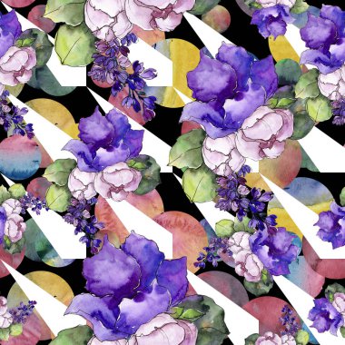 Sulu boya renkli buket tropikal çiçek. Botanik çiçek. Sorunsuz arka plan deseni. Kumaş duvar kağıdı yazdırma doku. Arka plan, doku, sarıcı desen Aquarelle kır çiçeği.