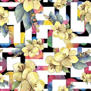Sulu boya renkli buket tropikal çiçek. Botanik çiçek. Sorunsuz arka plan deseni. Kumaş duvar kağıdı yazdırma doku. Arka plan, doku, sarıcı desen Aquarelle kır çiçeği.