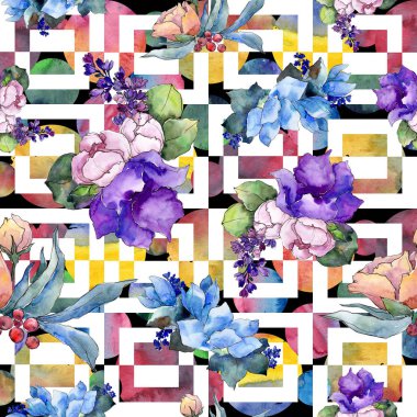 Sulu boya renkli buket tropikal çiçek. Botanik çiçek. Sorunsuz arka plan deseni. Kumaş duvar kağıdı yazdırma doku. Arka plan, doku, sarıcı desen Aquarelle kır çiçeği.