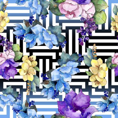 Sulu boya renkli buket tropikal çiçek. Botanik çiçek. Sorunsuz arka plan deseni. Kumaş duvar kağıdı yazdırma doku. Arka plan, doku, sarıcı desen Aquarelle kır çiçeği.