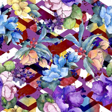 Sulu boya renkli buket tropikal çiçek. Botanik çiçek. Sorunsuz arka plan deseni. Kumaş duvar kağıdı yazdırma doku. Arka plan, doku, sarıcı desen Aquarelle kır çiçeği.