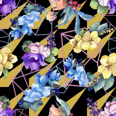 Sulu boya renkli buket tropikal çiçek. Botanik çiçek. Sorunsuz arka plan deseni. Kumaş duvar kağıdı yazdırma doku. Arka plan, doku, sarıcı desen Aquarelle kır çiçeği.