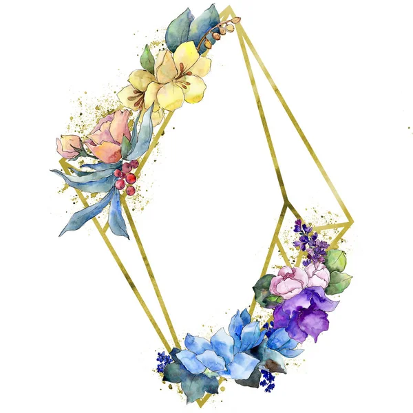Sulu boya renkli buket tropikal çiçek. Botanik çiçek. İzole illüstrasyon öğesi. Arka plan, doku, sarıcı desen, çerçeve veya kenarlık için Aquarelle kır çiçeği.