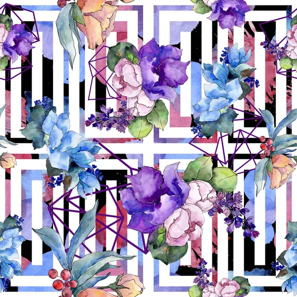 Sulu boya renkli buket tropikal çiçek. Botanik çiçek. Sorunsuz arka plan deseni. Kumaş duvar kağıdı yazdırma doku. Arka plan, doku, sarıcı desen Aquarelle kır çiçeği.