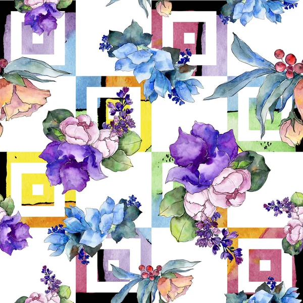 Sulu boya renkli buket tropikal çiçek. Botanik çiçek. Sorunsuz arka plan deseni. Kumaş duvar kağıdı yazdırma doku. Arka plan, doku, sarıcı desen Aquarelle kır çiçeği.
