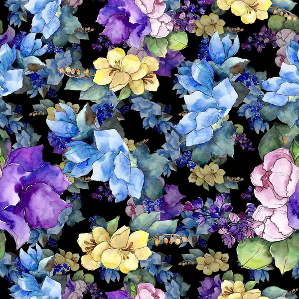 Watercolor colorful bouquet tropical flower. Floral botanical flower. Seamless background pattern. Fabric wallpaper print texture.Aquarelle wildflower for background, texture, wrapper pattern.