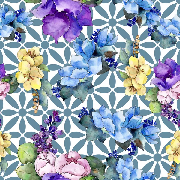 Akvarell Färgglad Bukett Tropisk Blomma Blommig Botaniska Blomma Sömlös Bakgrundsmönster — Stockfoto